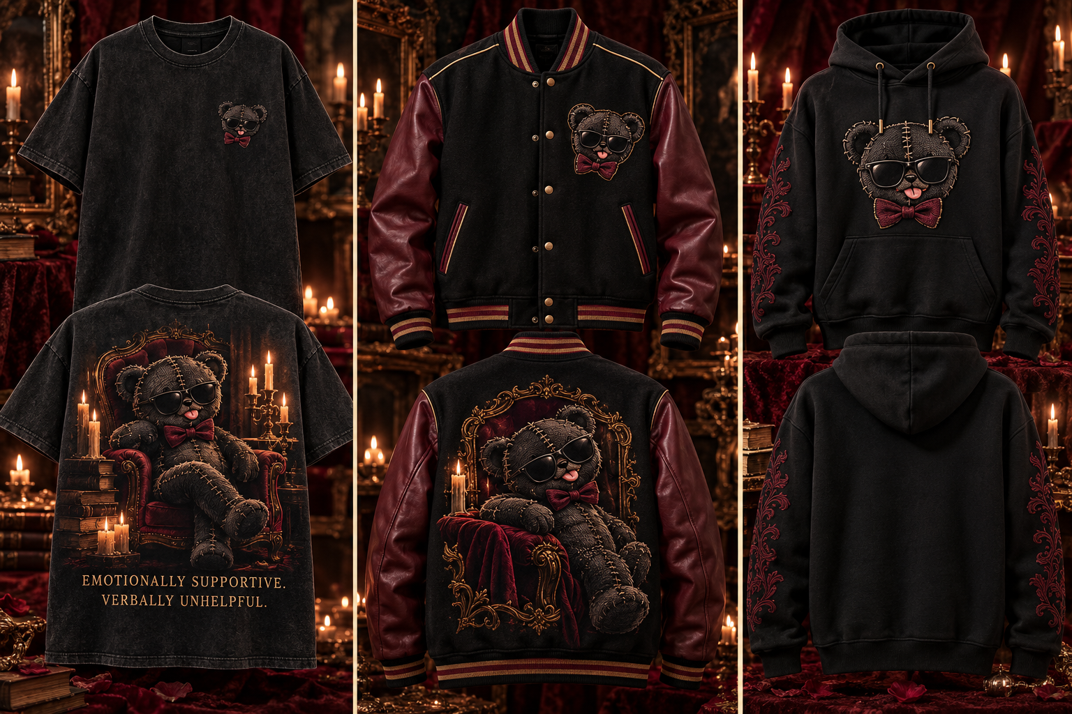 Bear’s approved three-piece apparel collection: graphic tee, black-and-oxblood varsity jacket, and black hoodie with red sleeve details