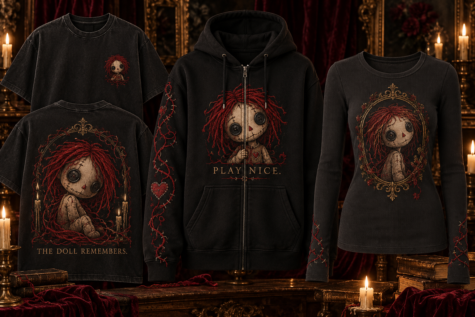 Little Witch’s approved gothic apparel trio: The Doll Remembers tee, Play Nice zip hoodie, and framed-doll long sleeve