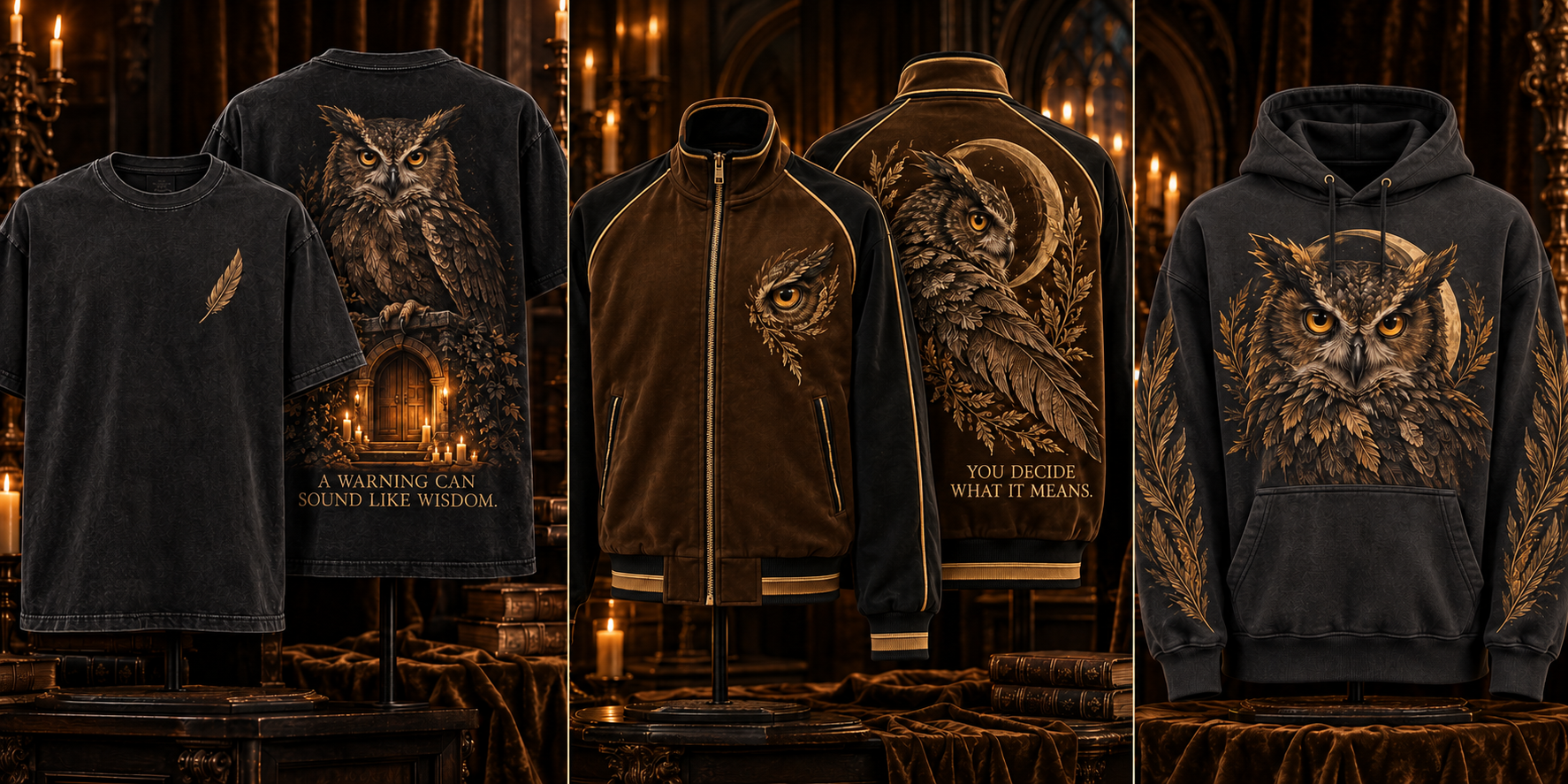 Preacher’s approved owl apparel palette in espresso, black, and antique gold: graphic tee, zip jacket, and hoodie