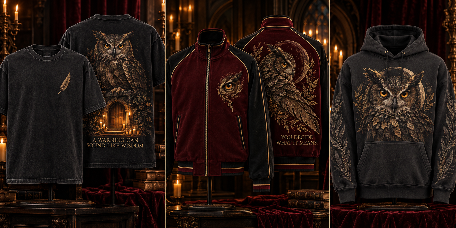 Preacher’s approved owl apparel palette in black and oxblood: graphic tee, zip jacket, and hoodie