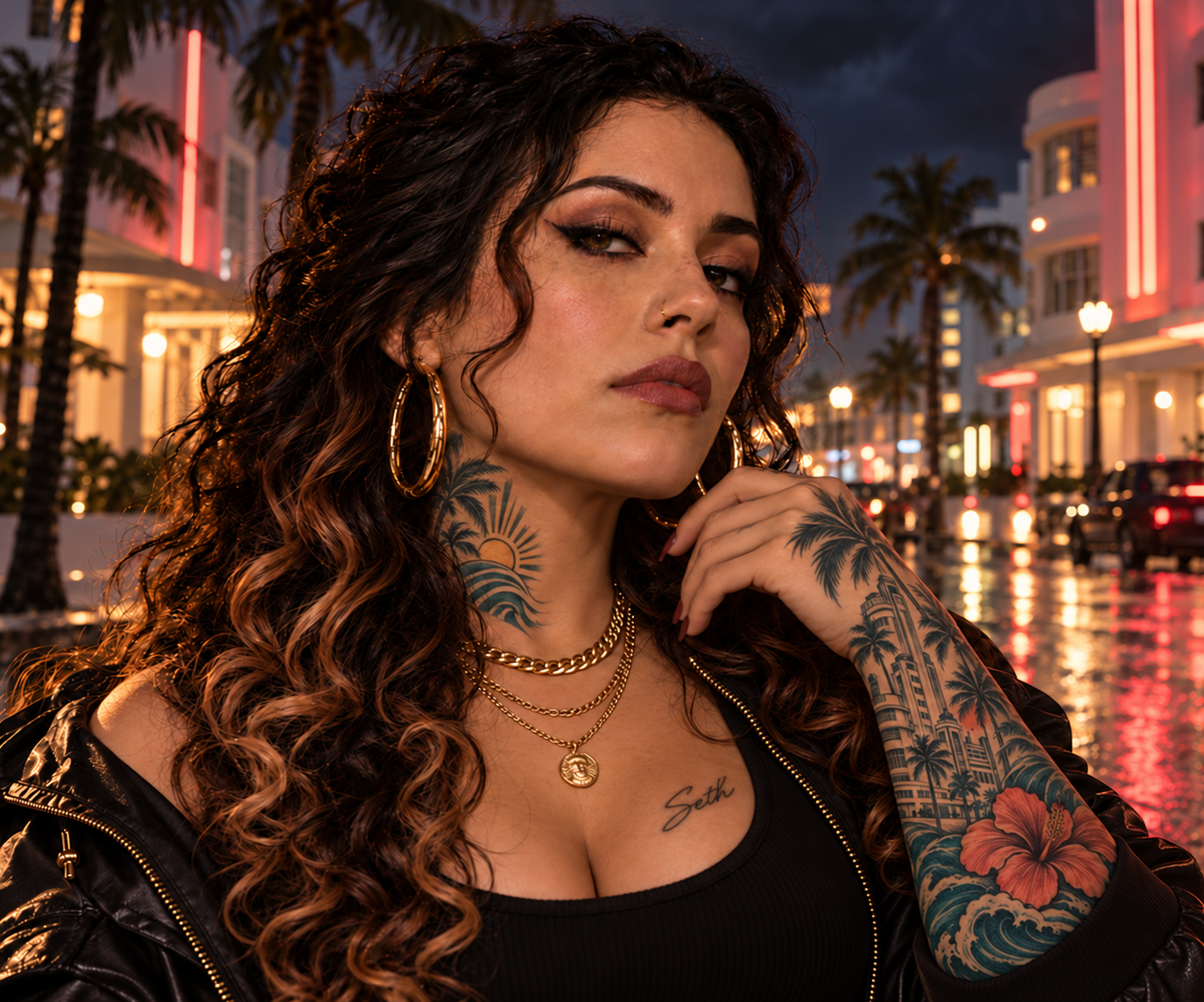 America with gold hoop earrings and colorful custom tattoos in Miami